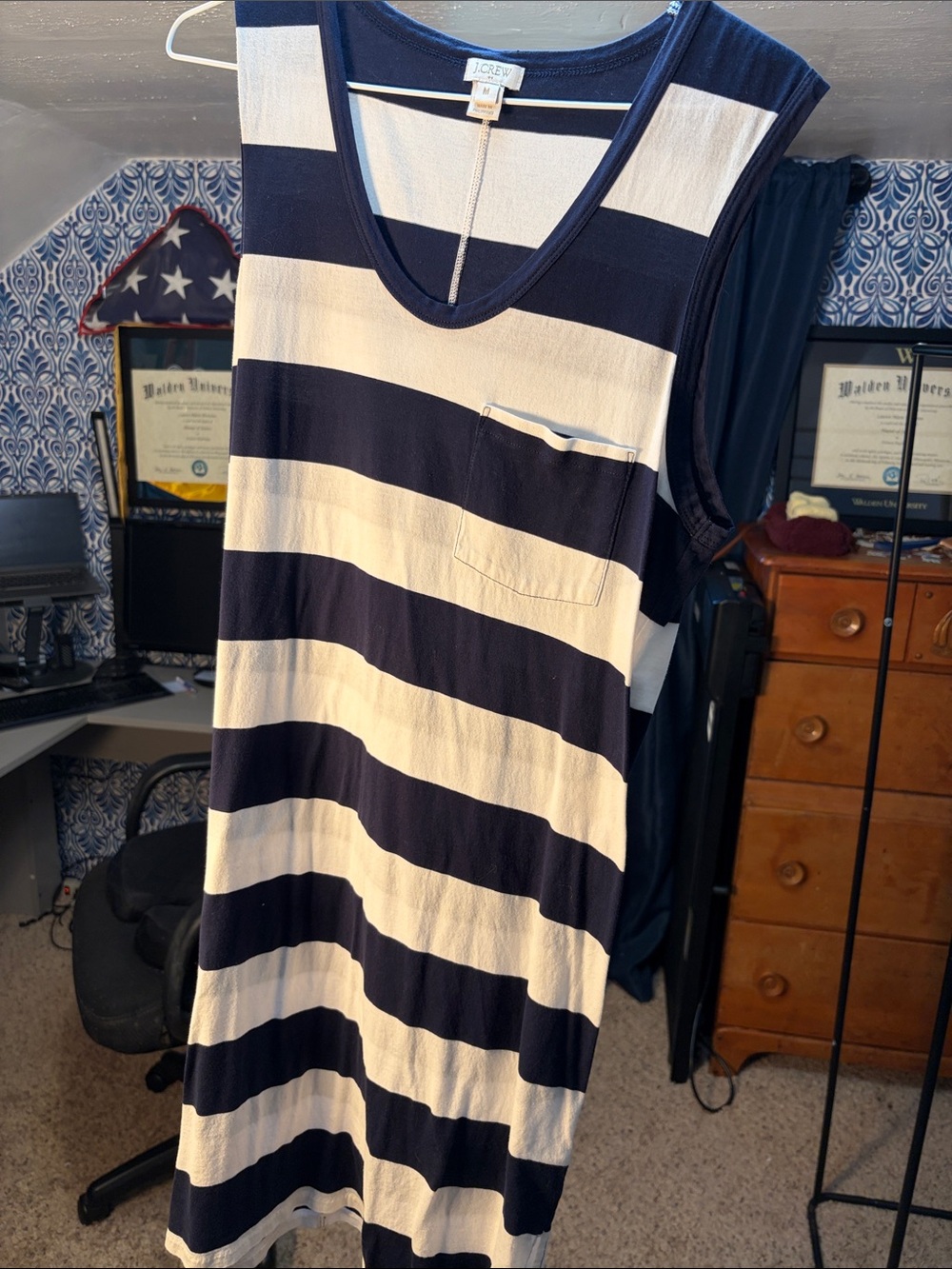 J. Crew Navy and White Striped Sleeveless V-Neck Dress